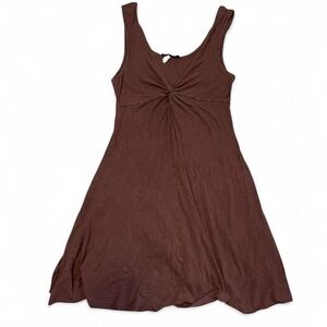 Brown Peppermint Bay babydoll style dress with ruched front and flowy skirt